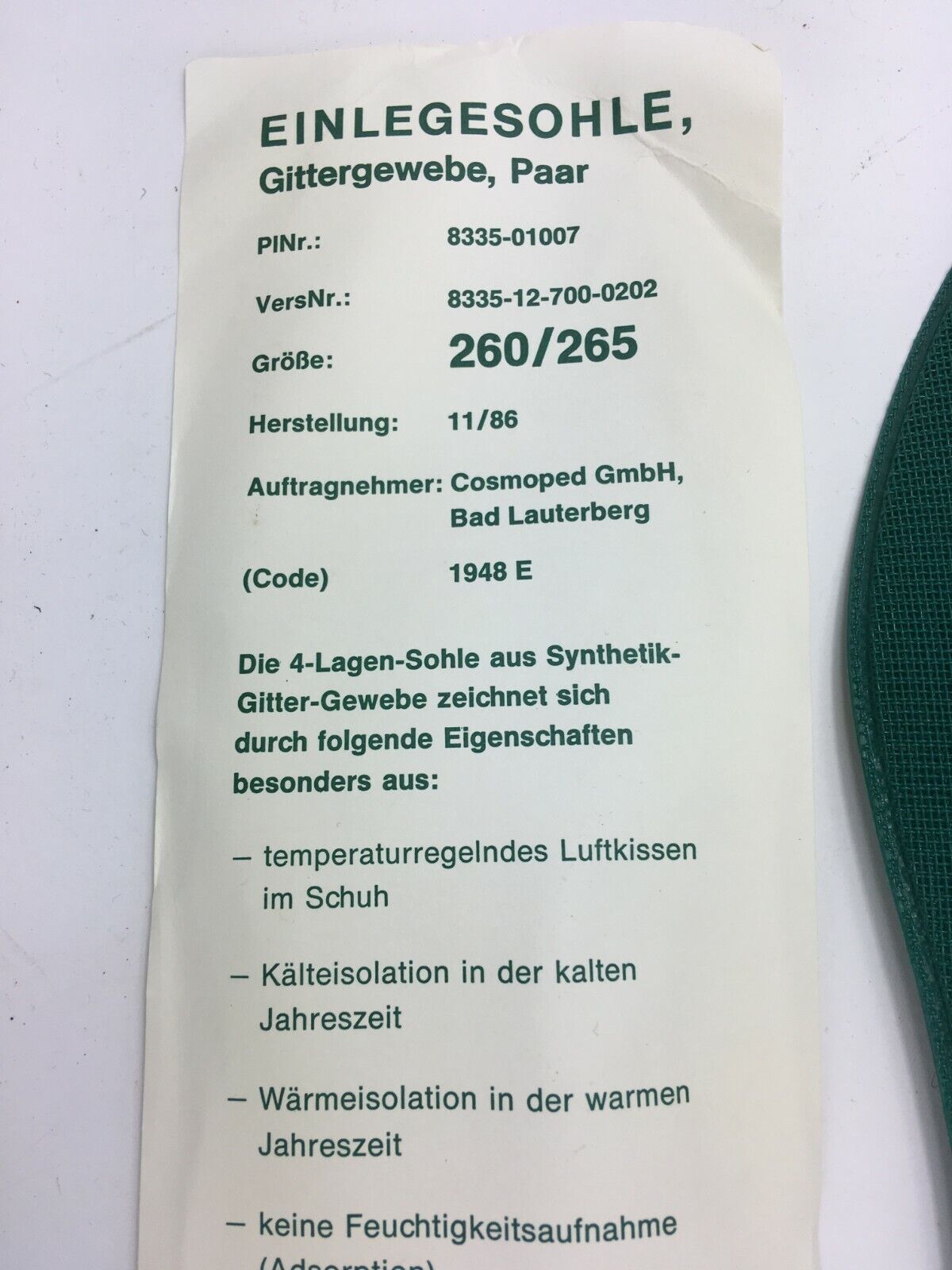 Einlegesohlen Original Bundeswehr Größe 260 - 265 entspricht Gr. 40 - 42 NEU!!