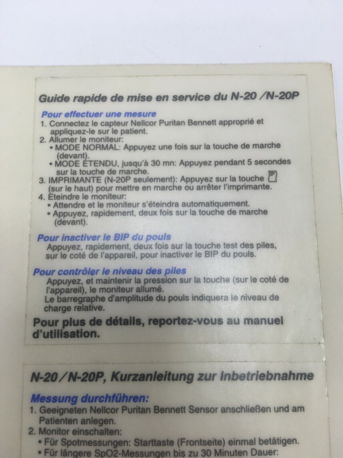 Kurzanleitung, Anleitung Aufkleber f. Pulsoximeter Nellcor N-20 ex. Bundeswehr