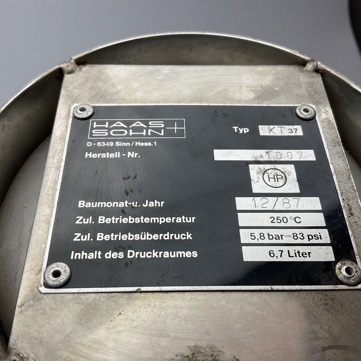 Haas und Sohn KT 37 250°C 6,7 Liter 5,8 bar Druckbehälter Behälter 0586