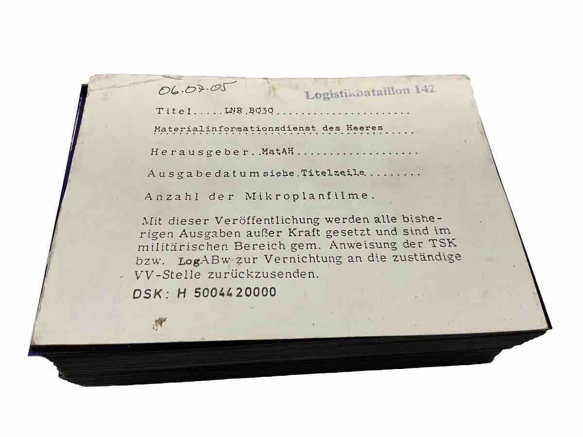 263 Stück Microfiche Blätter RZBW Bad Neuenahr Materialliste Ex. Bundeswehr 0665